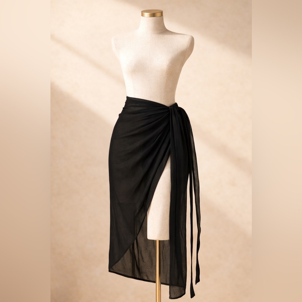 🌴 Black Sheer Sarong Wrap Tie Side Cover Up Beach Skirt One Size SHEIN